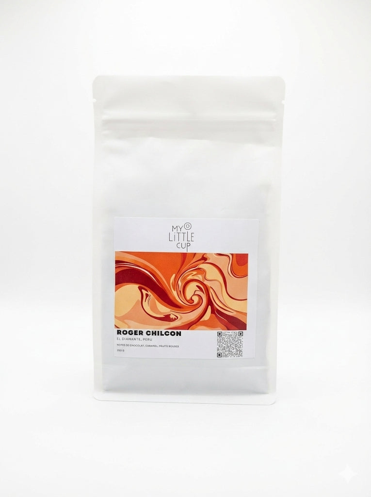 White coffee bag of 'My Little Cup' with colorful label on a white background